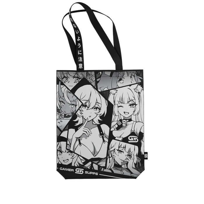 Black and white tote bag with five anime-style female characters and black handles with white Japanese text.