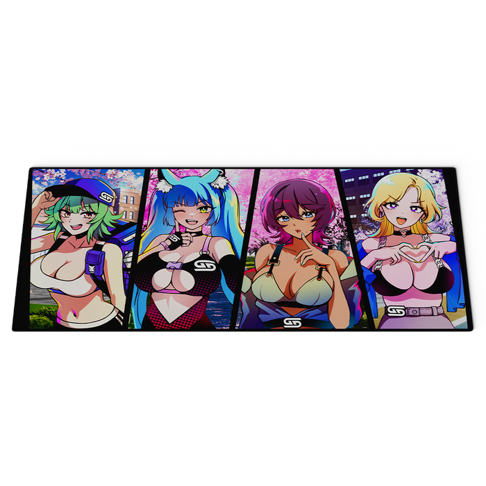 Rolled black mouse pad featuring colorful anime-style characters with green and blue hair in revealing outfits.