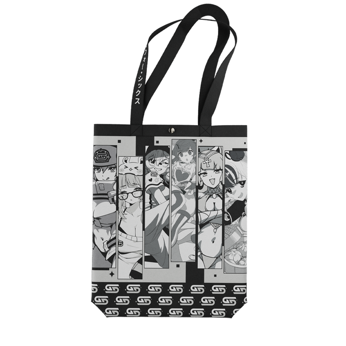 Black tote bag with white "Waifu Cups" text and manga-style anime character panels above the text.