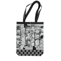Black tote bag with white "Waifu Cups" text and manga-style anime character panels above the text.