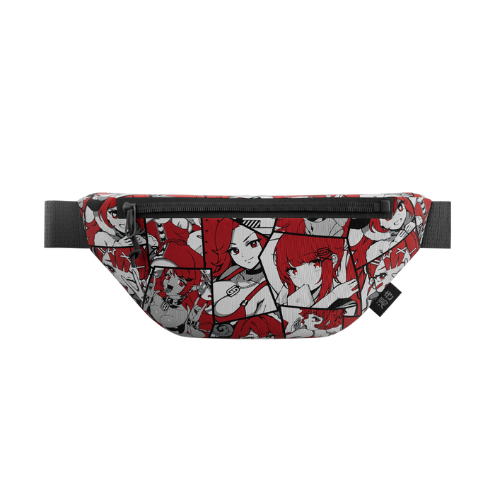 Waifu gamer bag with black strap featuring red-haired anime characters in black, white, and red comic-style panels.