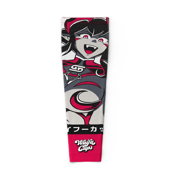 Black, gray, and red gaming sleeve featuring a cartoon demon girl with sharp teeth and red eyes, and "Waifu Cups" logo.