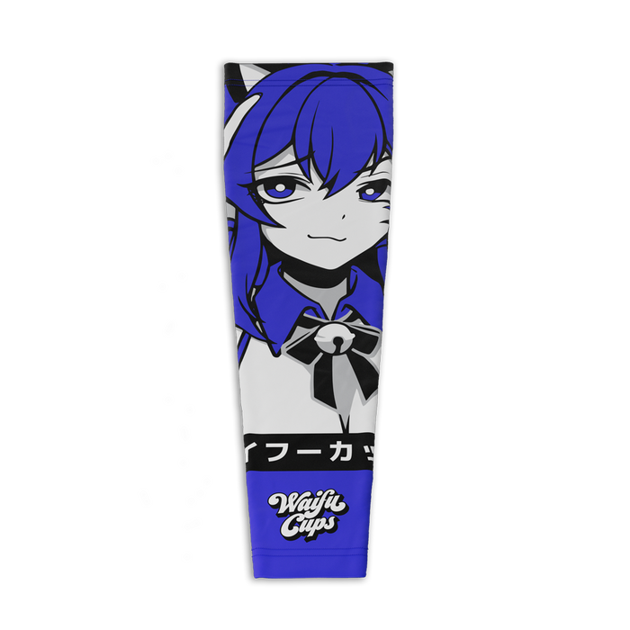 Blue and white gaming sleeve featuring a cat-eared anime girl with purple eyes and a black bow tie with a bell.