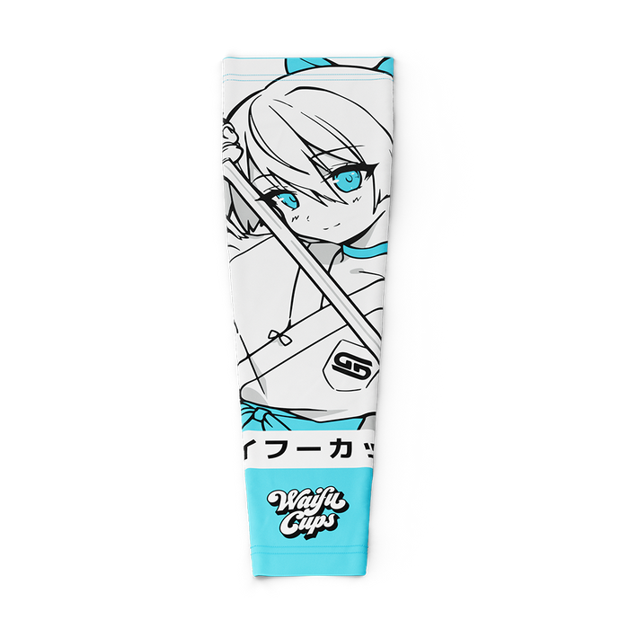 White and blue gaming sleeve featuring an anime samurai girl with bright blue eyes and a sword.