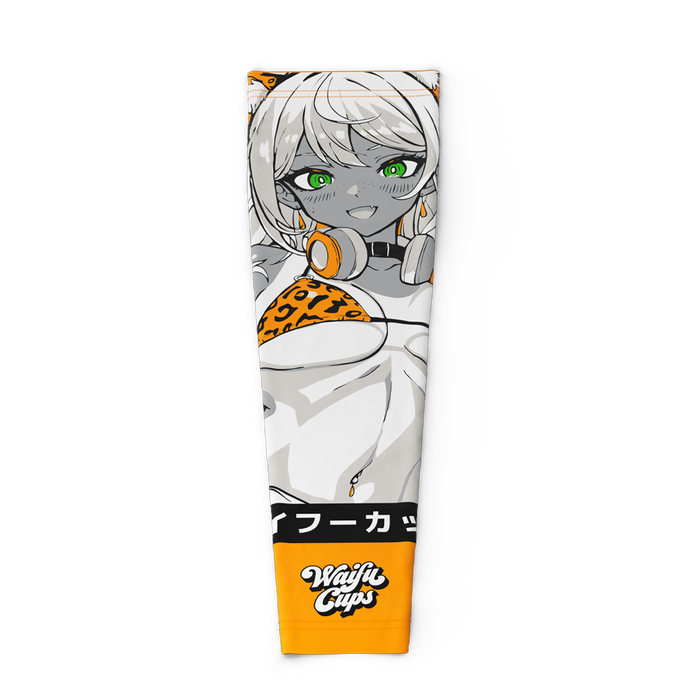 White gaming sleeve with orange tiger-striped helmet, leopard print bikini, and black and orange accents.