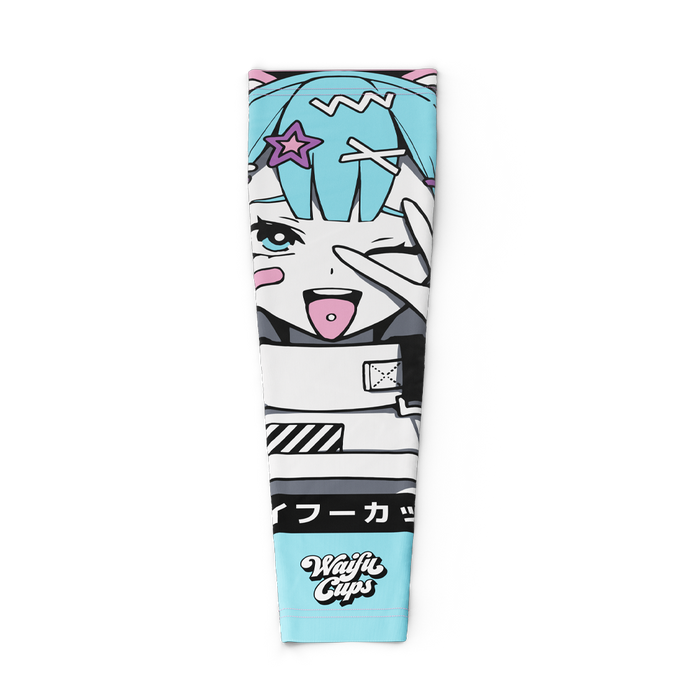 Blue-haired anime girl winking with tongue out, pink star hairclip, and "Waifu Cups" text on light blue gaming sleeve.