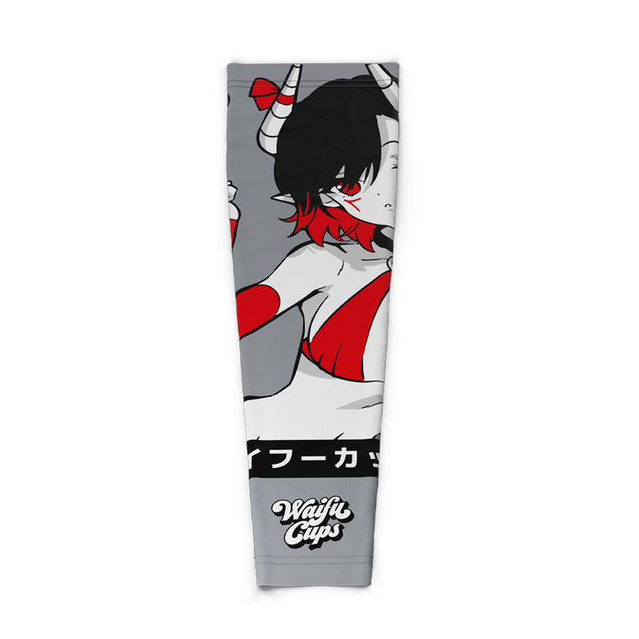 Gray gaming sleeve with red and black anime succubus character wearing a red bikini and white horns with red stripes.