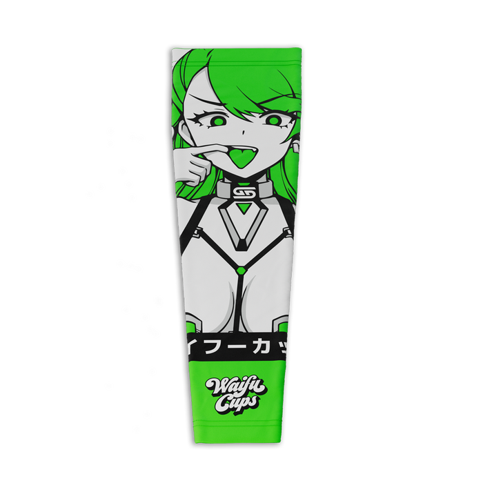 Gaming sleeve with a green-haired anime girl showing a heart on her tongue and black and white futuristic outfit details.