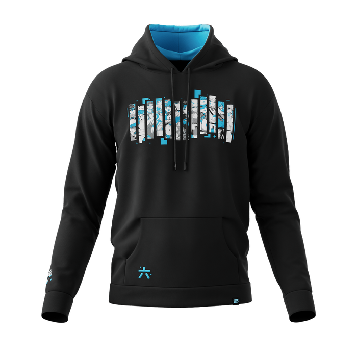 Black hoodie with a large front pocket and a colorful graphic partially visible on the chest, shown from the side.