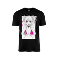 Black shirt with anime girl in pink bikini top making a peace sign and Japanese text on the right side