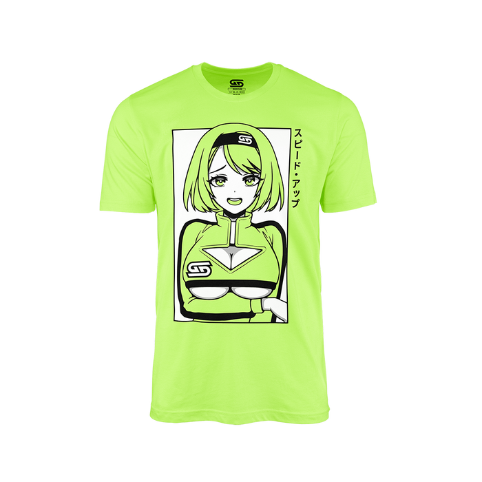 Bright lime green shirt with anime-style female character wearing matching outfit and Japanese text on front
