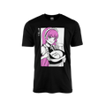 Black t-shirt with anime maid character with pink hair holding a sign reading "Drink Me" on her chest.