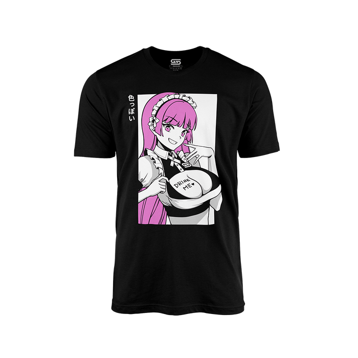 Black t-shirt with anime maid character with pink hair holding a sign reading "Drink Me" on her chest.