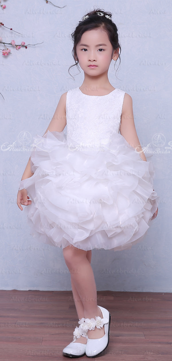 White Ruffles Organza Ball Gown Short Flower Girl Dresses, FGS032