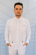 White suspenders on man.