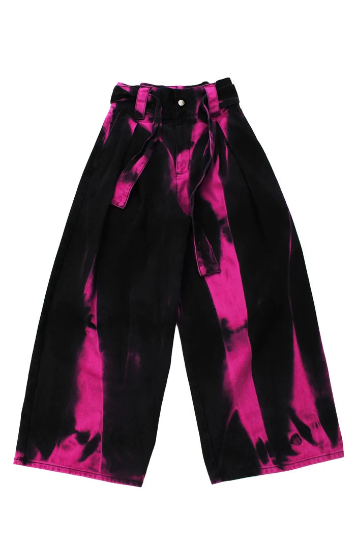 MANCANDY Goth Wide Jeans in black denim featuring a custom fuchsia artisan wash, integrated belt and oversized wide-leg silhouette.