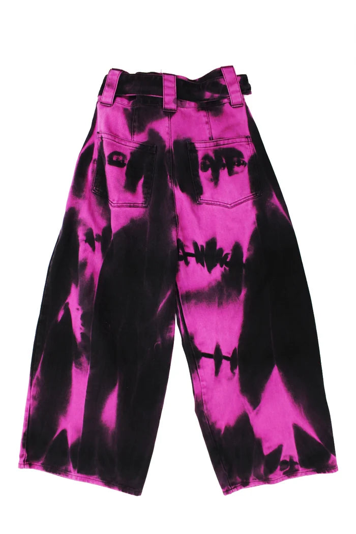 MANCANDY Goth Wide Jeans in black denim featuring a custom fuchsia artisan wash, integrated belt and oversized wide-leg silhouette.