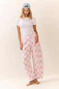 Women's Barrel Denim Pants - Checkered Baby Pink