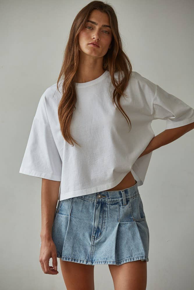 Women's Crew Neck Drop Shoulder Short Sleeve Top - White