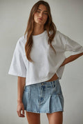 Women's Crew Neck Drop Shoulder Short Sleeve Top - White