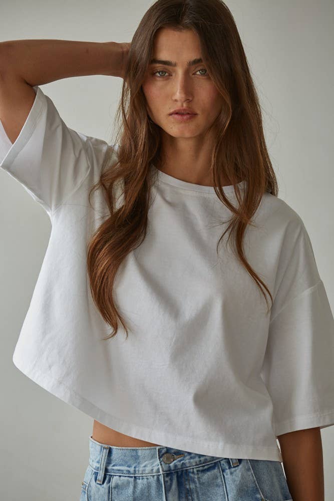 Women's Crew Neck Drop Shoulder Short Sleeve Top - White