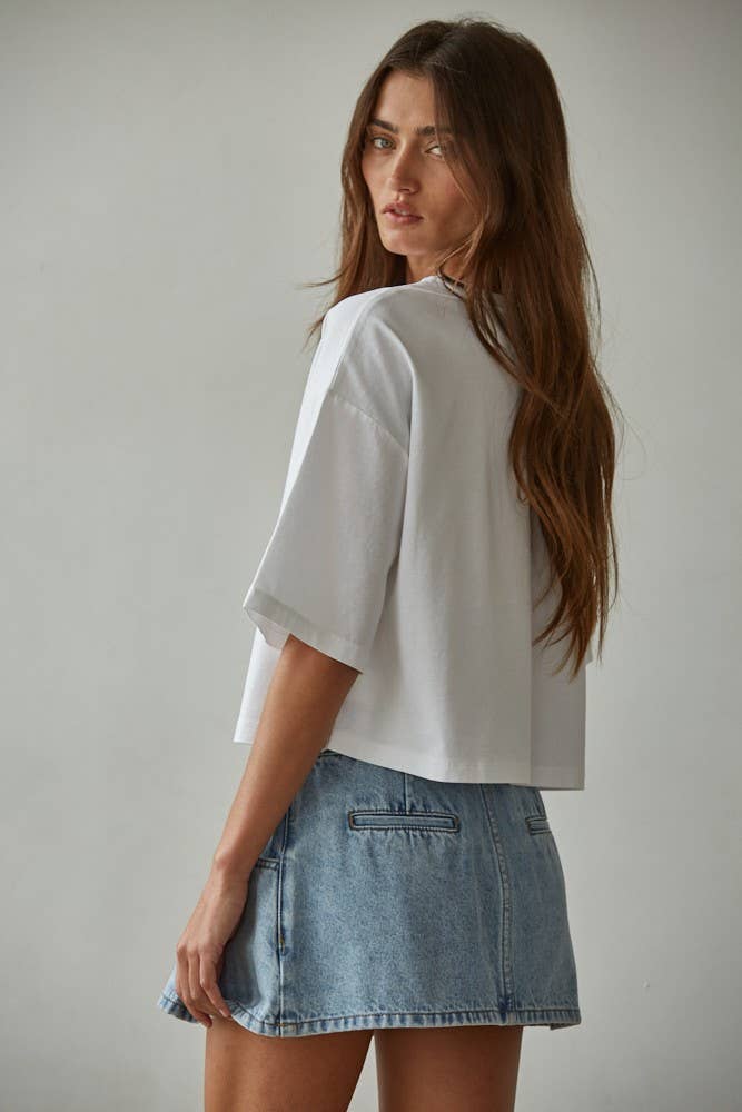 Women's Crew Neck Drop Shoulder Short Sleeve Top - White