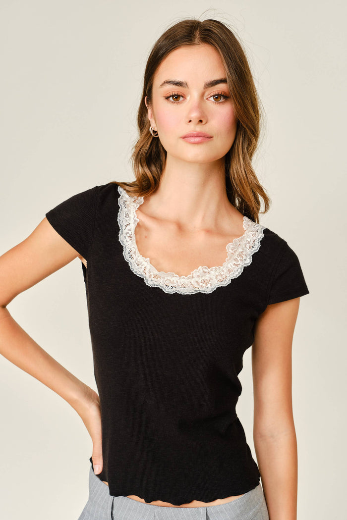 Women's Lace Neck Short Sleeve Top - Black