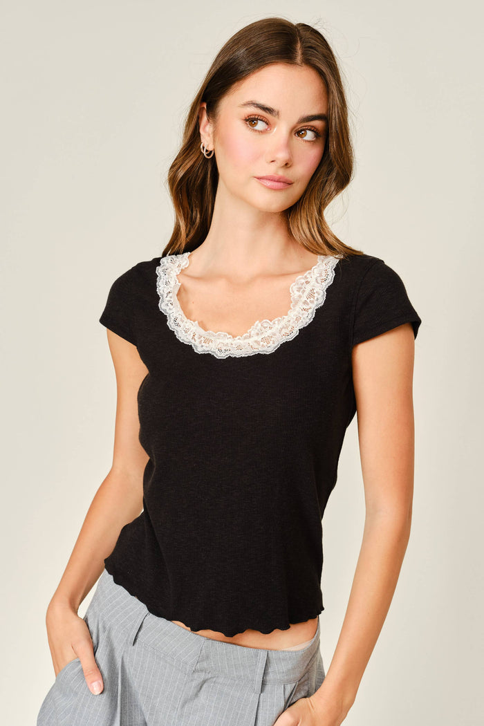 Women's Lace Neck Short Sleeve Top - Black