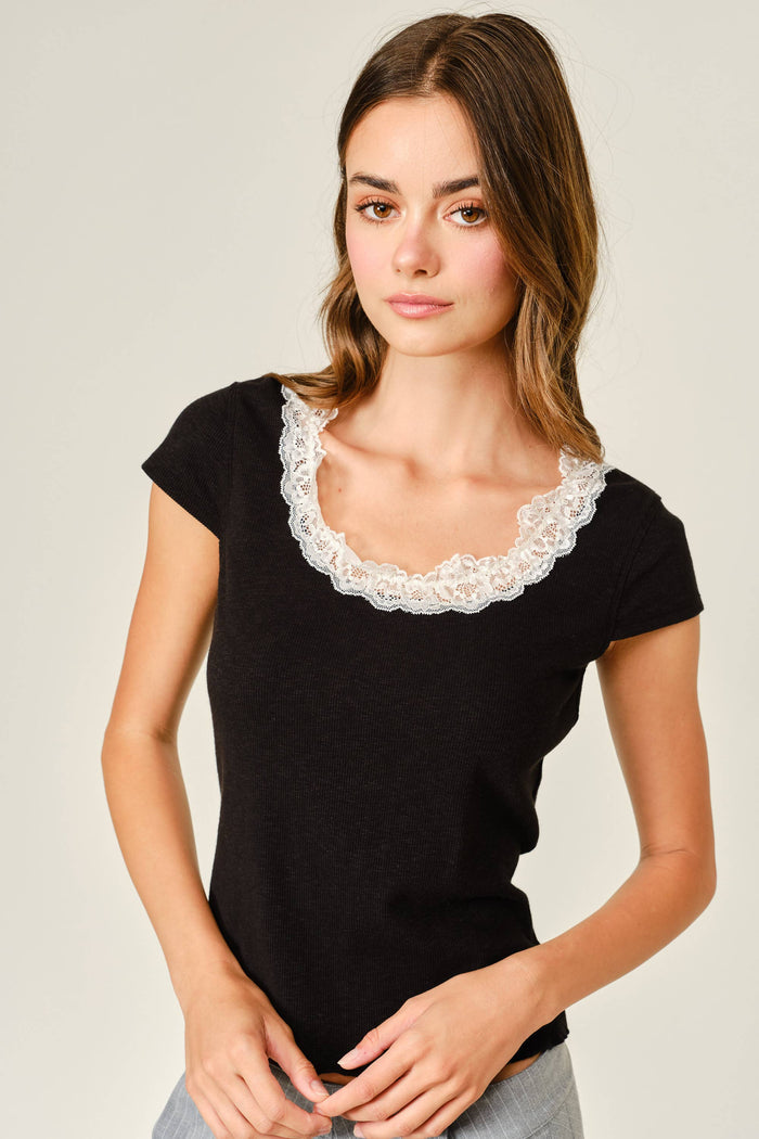 Women's Lace Neck Short Sleeve Top - Black
