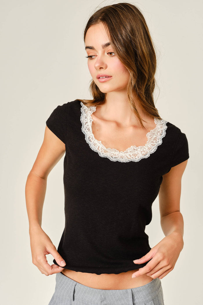 Women's Lace Neck Short Sleeve Top - Black