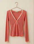 Women's Lace Trim Slub Knit Henley Top - Coral