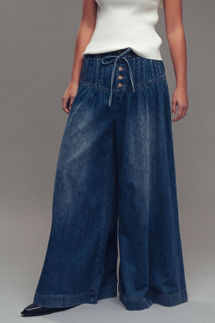 Women's Pleated Wide-Leg Pants - Dark Denim