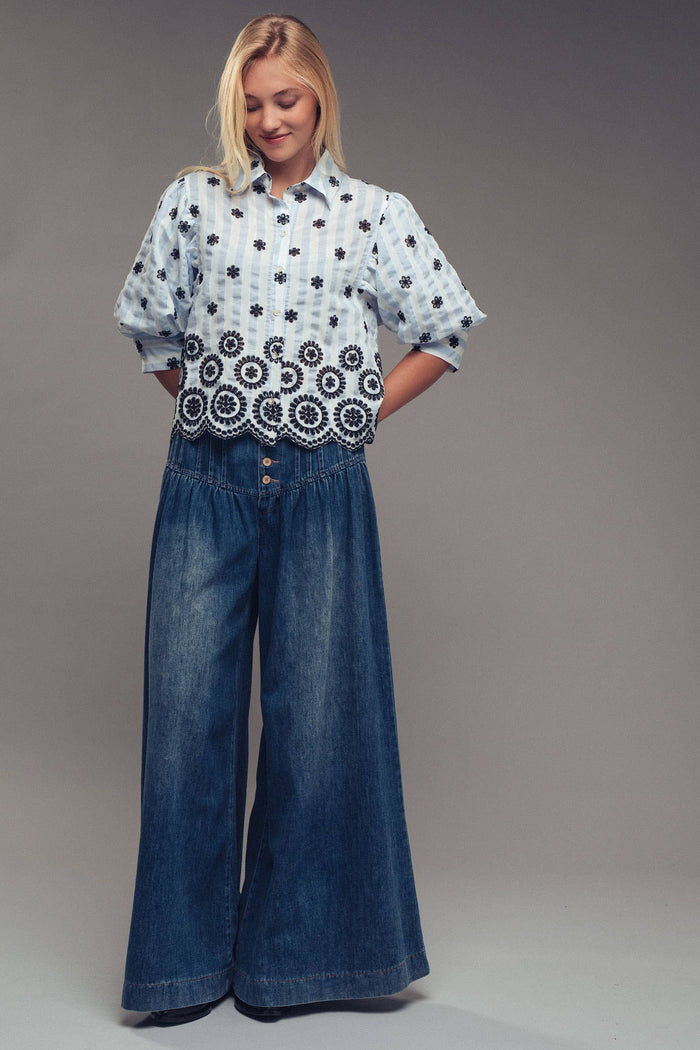 Women's Pleated Wide-Leg Pants - Dark Denim