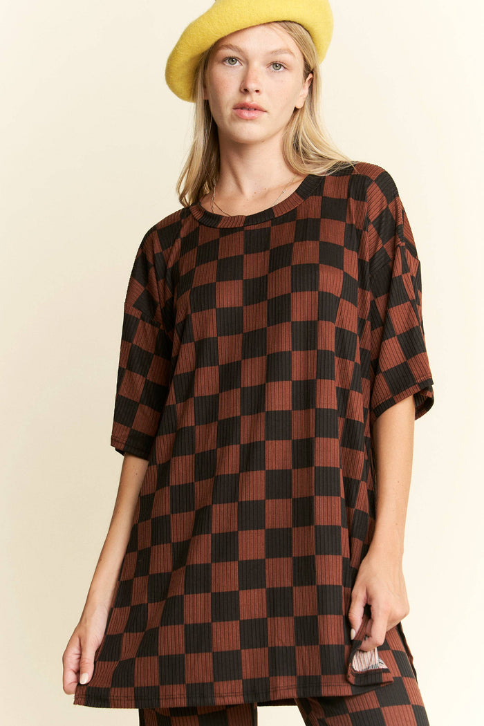 Women's Ribbed Checkered Set - Mocha/Black
