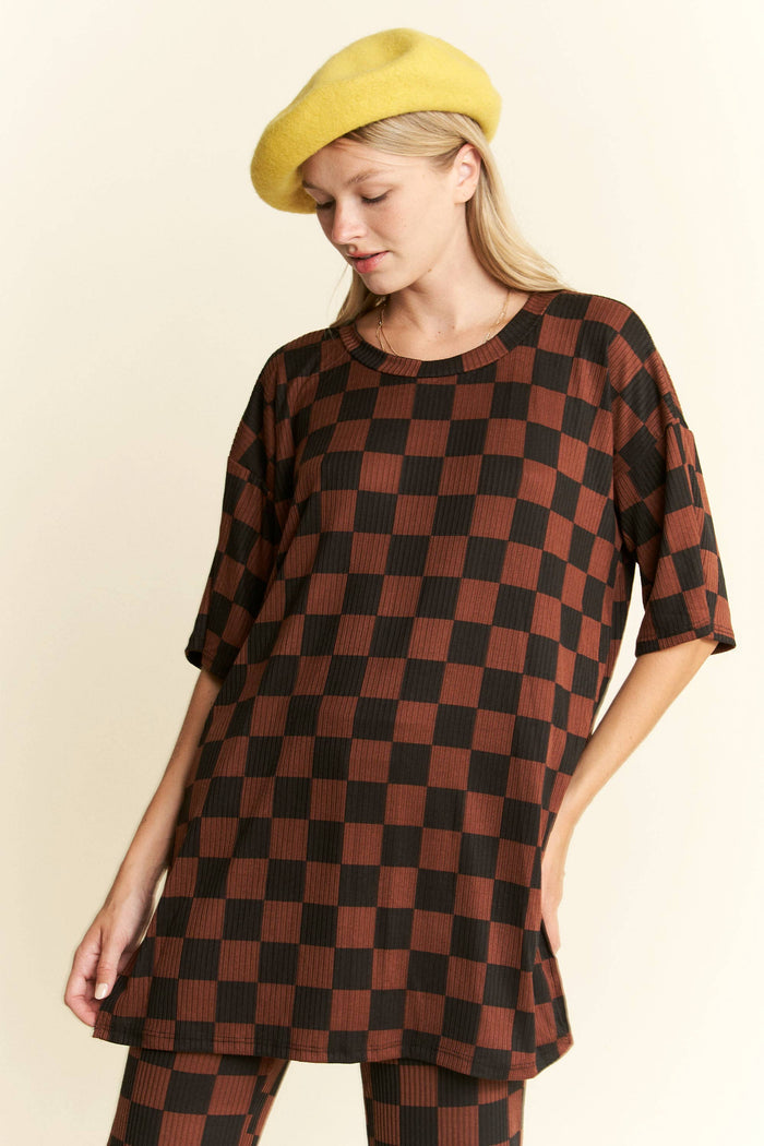 Women's Ribbed Checkered Set - Mocha/Black