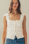Women's Ribbed Cotton Button-Front Picot Trim Tank - Ivory Floral (Final Sale)