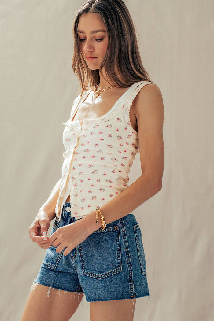 Women's Ribbed Cotton Button-Front Picot Trim Tank - Ivory Floral (Final Sale)