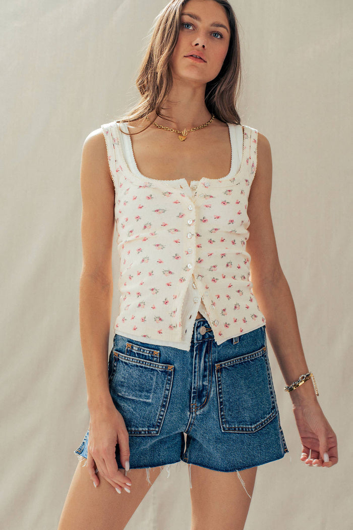 Women's Ribbed Cotton Button-Front Picot Trim Tank - Ivory Floral (Final Sale)