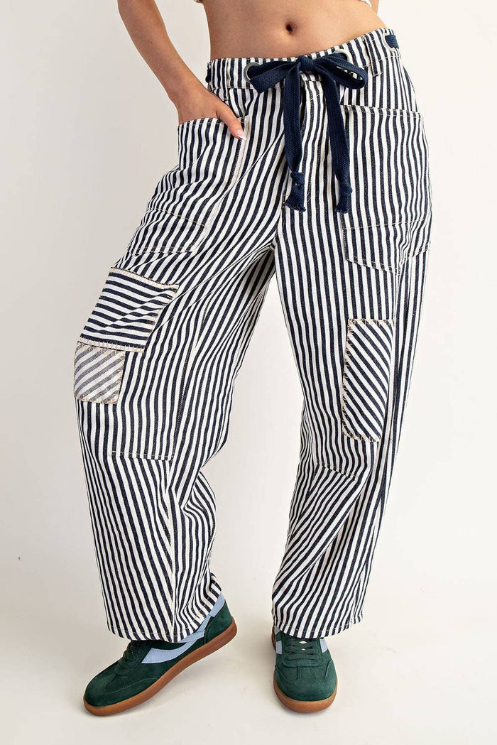 Women's Striped Drawstring Barrel Pants - Midnight