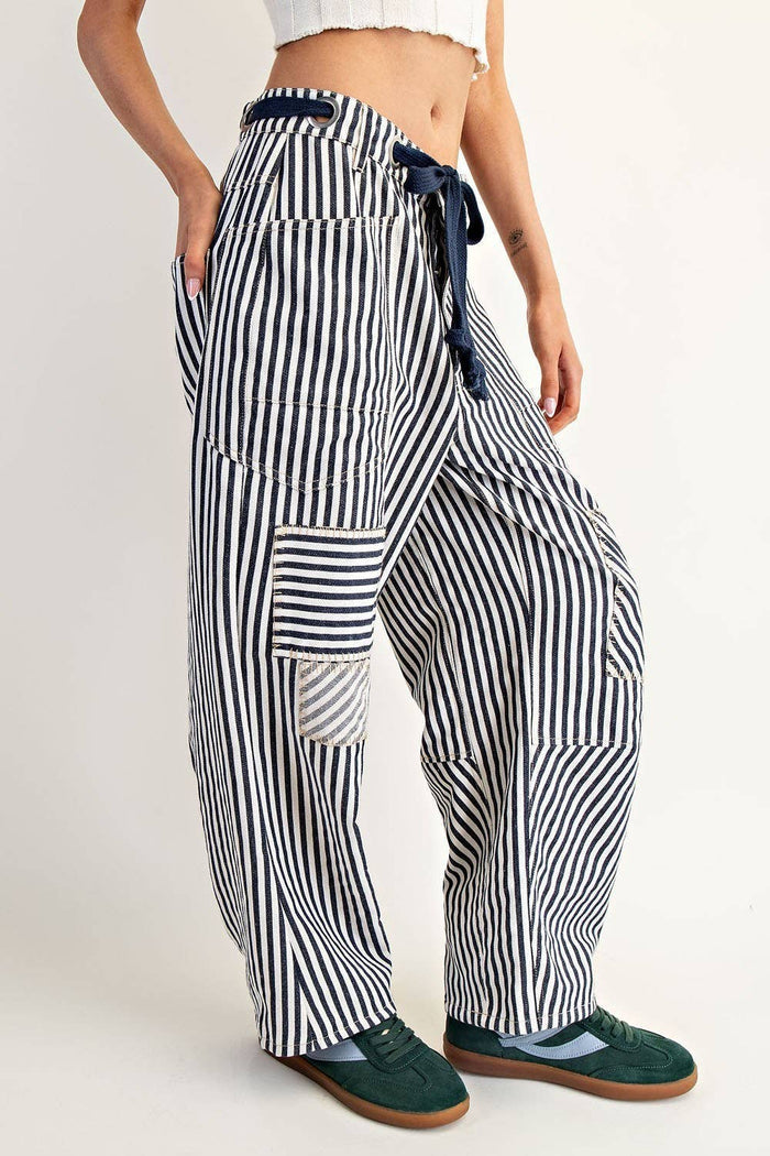 Women's Striped Drawstring Barrel Pants - Midnight