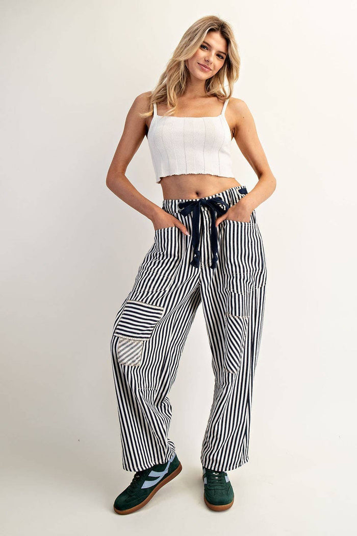 Women's Striped Drawstring Barrel Pants - Midnight