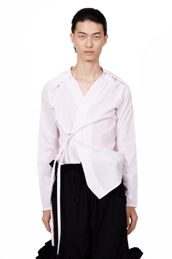 MANCANDY Wrap Shirt in striped cotton with deep neckline and adjustable side-tie construction.