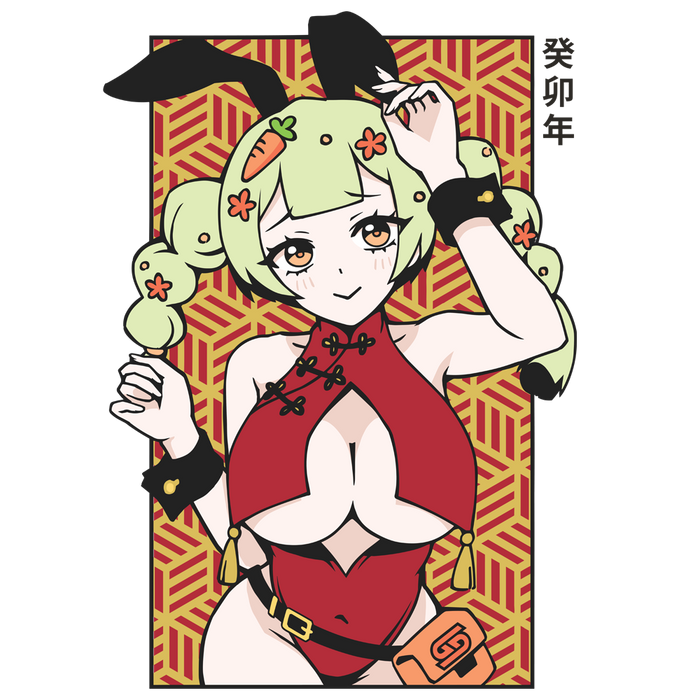 Anime-style character with green hair, black bunny ears, and a red outfit on a yellow geometric background.