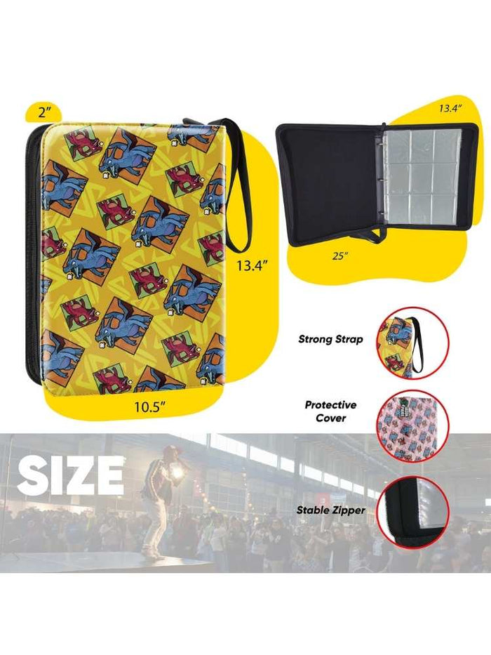 Yellow Binder with cartoon design, size chart, and features on a white background